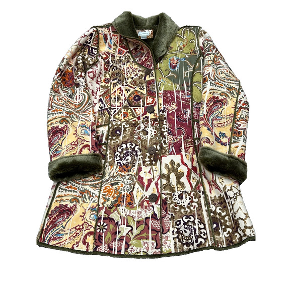 Chico's Green Paisley Faux Shearling Hippie Warm Button Up Coat Jacket Sz 0/XS - Picture 1 of 8